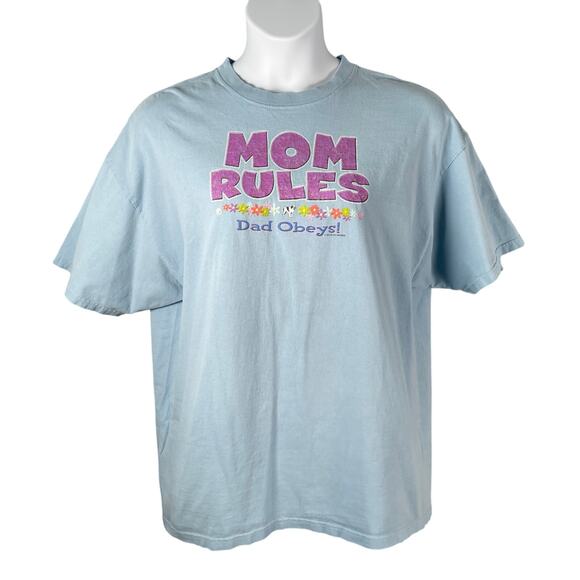 Big Dogs T-shirt Women XXL Light Blue Mom Rules Dad Obeys Floral Glitter Graphic - Picture 1 of 11